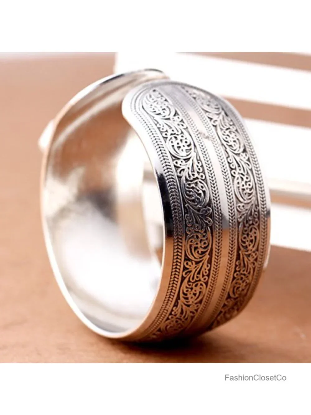 Silver Tone Carved Spiral Flower Wide Cuff Bangle Bracelet